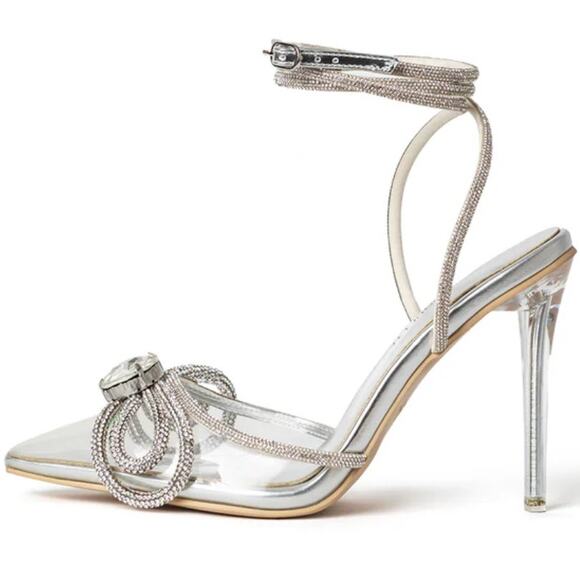 CULT OF COQUETTE Ella Double Bow Clear Glass Slippers with Crystal Ankle Tie 11 - Picture 1 of 9